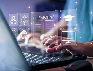 Concept of Online education. man use Online education training and e-learning webinar on internet for personal development and professional qualifications. Digital courses to develop new skills.