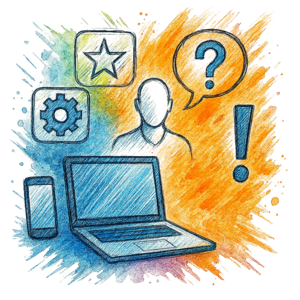 Quadratische, handgezeichnet wirkende Illustration im Mixed-Media-Stil mit kräftigen Aquarellfarben (Blau, Orange, Grün, Lila) auf weißem Hintergrund. Im unteren Bereich stehen ein Laptop und links daneben ein Smartphone mit skizzenhaften Linien und blauer Schraffur. In der Mitte darüber befindet sich der Umriss einer Person als einfache Bleistiftskizze ohne Gesichtsdetails. Rund um die zentrale Figur sind Symbole angeordnet: links oben ein Zahnrad (für Technologie/Prozesse), daneben ein Stern (für Qualität/Kompetenz), rechts oben eine Sprechblase mit Fragezeichen (für Beratung/Fragen) sowie rechts ein großes Ausrufezeichen (für Aufmerksamkeit/Wichtigkeit). Die Elemente sind in einer dynamischen, radialen Komposition angeordnet und von farbigen Farbspritzern und Pinselstrichen umgeben, die Bewegung und Kreativität vermitteln.